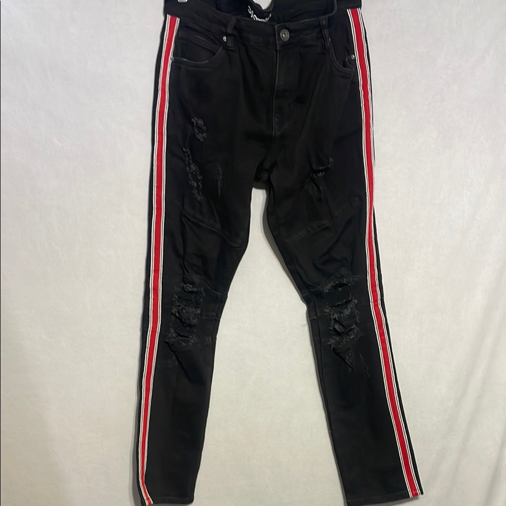 Crysp Denim Black Distressed Jeans with Red Stripes
